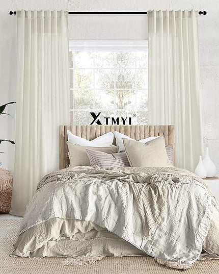 XTMYI 70 x 63 Inch Length Living Room Curtains,Linen Short Wide Bay Window Curtains for Bedroom,Set of 2 Panels,70x63 in Long,Cream Ivory