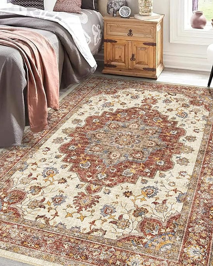 Washable Oriental Area Rug - 5x8 Rugs for Living Room Soft Carpet for Bedroom Waterproof Floral Distressed Indoor Stain Resistant Non-Shedding Floor Carpets (Red, 5x8)