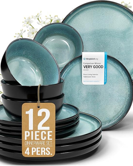 Stoneware dinnerware set 4 persons 12 pcs – Modern style plates and bowls set ceramic – Dishwasher safe and scratch resistant – Bowl and plate set – Dinner service Pure Living black & petrol blue