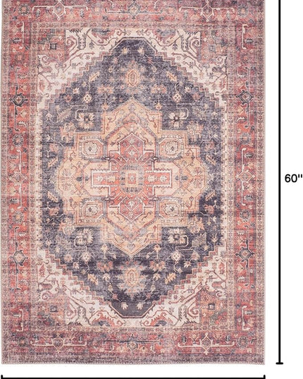 GLN Rugs Traditional Collection - Machine Washable Area Rug, Traditional Washable, Non Slip, Low Pile Chenille Rug, Living Room, Bedroom, Kitchen Rug (3'x5' Black/Terra)