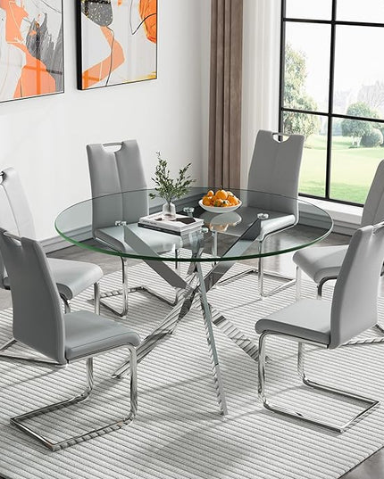 HomVent 7 Piece Round Glass Dining Table Set, Round Glass Kitchen Table Set for 6 with 6 PU Upholstered Dining Chairs for Kitchen Dining Room