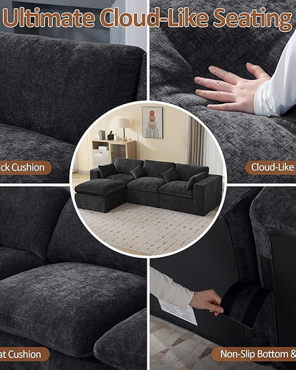 115''Cloud Boneless Sectional Couch, Modular Sectional Sofa Deep Seat with Ottoman, Oversized Upholstered Convertible Comfy 4 Seater Chenille Sofa L Shape Couches for Living Room, Dark
