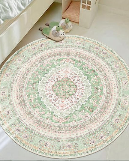 Round Area Rugs 4ft Washable,Green Rug for Living Room Bedroom Dining Room,Large Boho Vintage Bohemian Distressed Oriental Carpet Non Slip,Sage Blush Floral