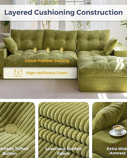 MAXYOYO 104" L Shaped Modular Sectional Sofa with Ottoman, Cloud Boneless Couch with Layered Cushion, Upholstered Sofa in a Box, Flexible Module Combination for Living Room, No Assembly, Green