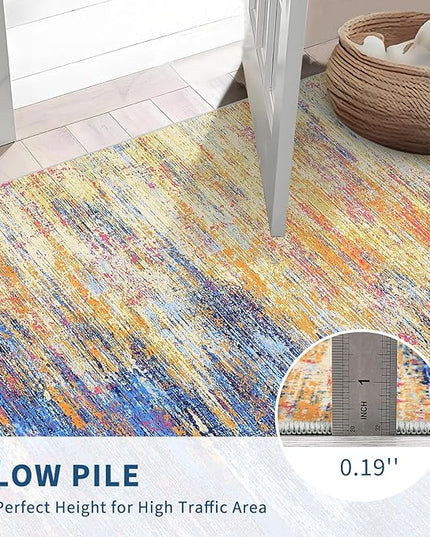 Washable Runner Rug 2x6 Modern Abstract Kitchen Rugs, Non Slip Bathroom Rug, Low Pile Laundry Room Soft Long Carpet for Hallway Bedroom Entryway, Blue/Orange
