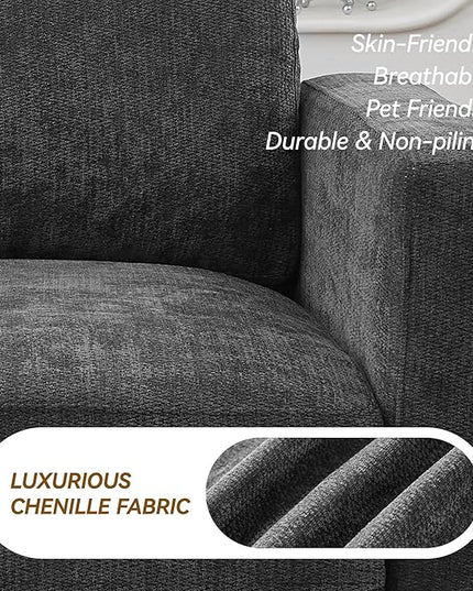44.2" Chenille Oversized Chair with Movable Ottoman, Modular 1 Seat Couch with Thickened Cushions, Modern Single Sofa Chaise Lounge Reading Chair for Living Room, Small Apartment, Grey