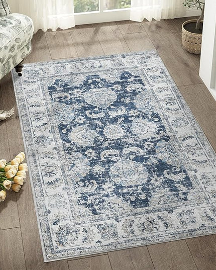 jinchan Fiora Washable Area Rug 3x5 Entryway Rug Distressed Vintage Floral Ultra-Thin Low-Pile Soft Non-Shedding Indoor Floor Carpet for Kitchen Bedroom Entrance Laundry Living Room(3x5ft, Dark Blue)