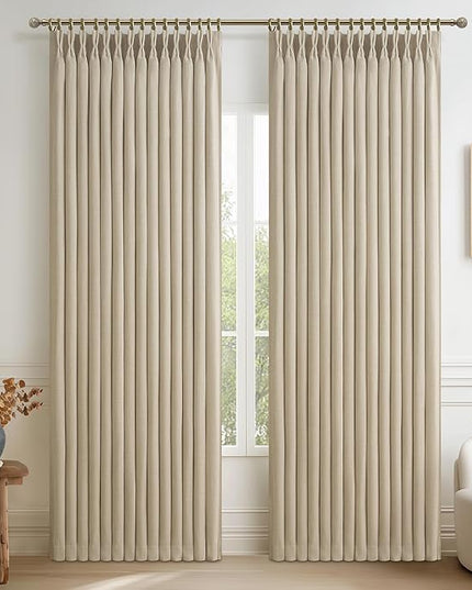 Extra Wide 70 Inch Pinch Pleated Blackout Dining Room Curtains 84 Inches Long 2 Panels Set, Memory Trained Two Layer Linen Blend Insulated Sound Dampening Neutral Window Drapes 70"Wx84"L
