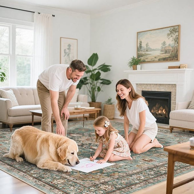 Washable Oriental Area Rug - 7x10 Rugs for Living Room Soft Carpet for Bedroom Waterproof Floral Distressed Indoor Stain Resistant Non-Shedding Floor Carpets (Green, 7x10)