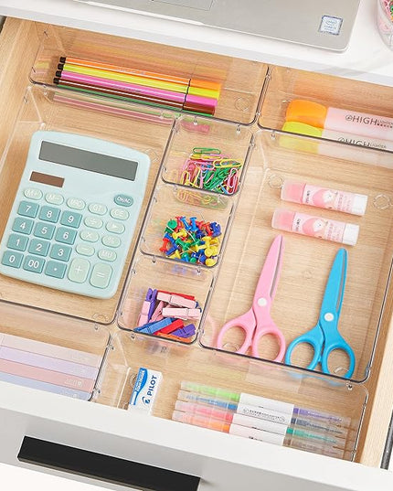 Vtopmart 25 PCS Clear Plastic Drawer Organizers Set, 4-Size Versatile Bathroom and Vanity Drawer Organizer Trays, Storage Bins for Makeup, Bedroom, Kitchen Gadgets Utensils and Office