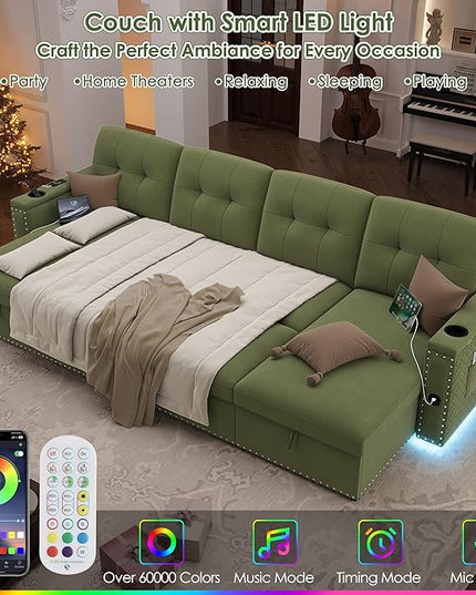 HIFIT 106" Sectional Couches for Living Room- Pull Out Sleeper Sofa Couch w/Storage Chaise,Storage Armrest,LED Light&USB Port&Cupholder,Modern Velvet U Shaped Home Sofa Living Room Furniture Set,Green