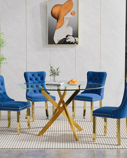 Round Glass Dining Table Set for 4, 47'' Clear Circular Kitchen Table and Chairs Set, 5PCS Modern Circle Dining Room Table Set with 4 Velvet Dining Chair for Home