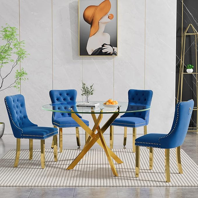Round Glass Dining Table Set for 4, 47'' Clear Circular Kitchen Table and Chairs Set, 5PCS Modern Circle Dining Room Table Set with 4 Velvet Dining Chair for Home