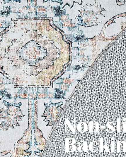 jinchan Round Rug 7ft Area Rug - Machine Washable 7'Circle Vintage Floral Non-Slip with Rubber Backing Ultra-Thin Low-Pile Carpet for Bedroom Living Room Dining Room Entryway (7'Round, Grey/Blue)