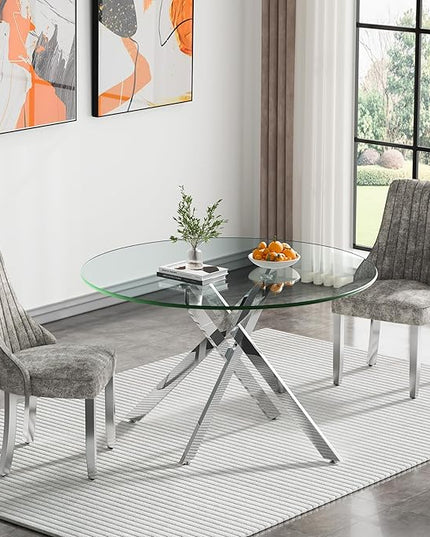 Round Glass Dining Table Set for 2, 47'' Clear Circular Kitchen Table and Chairs Set, 3PCS Modern Circle Dining Room Table Set with 2 Dining Chair for Home