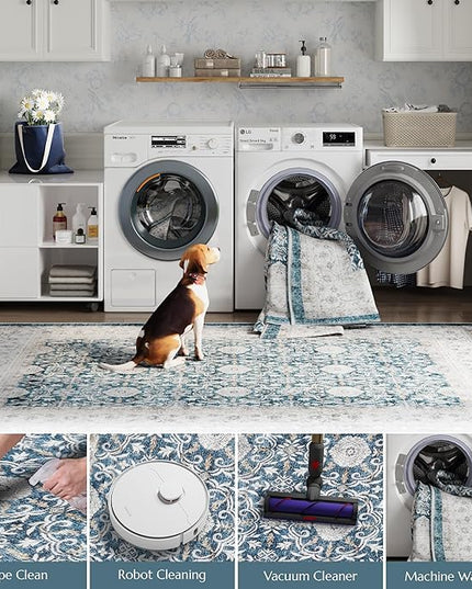 jinchan Floral Area Rugs 4x6 Machine Washable Vintage Distressed Boho Design Throw Rug Stain Resistant Carpet Low Pile Ultra-Thin Non-Slip for Bedroom Living Room Dining Room Kitchen(4‘x6', Drak Blue)
