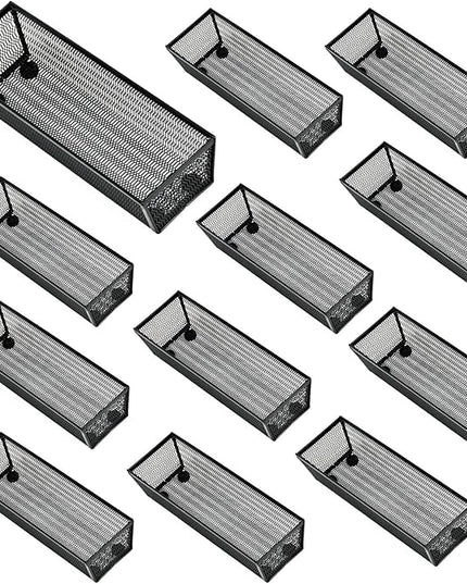 Neudeco Silverware Organizer,Mesh Drawer Organizer for Kitchen，Metal Utensil Organizer for Flatware, Knives, Spoons,Cosmetic (Black 9 * 3 * 2 inch Pack12)