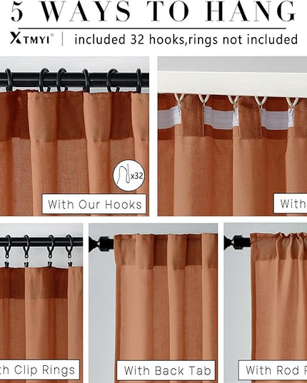 XTMYI Burnt Orange Curtains 2 Panels 84 Inches Long for Bedroom,Boho Back Tab Hooks Pleated Linen Sheer Pumpkin Color Fall Curtains for Living Room