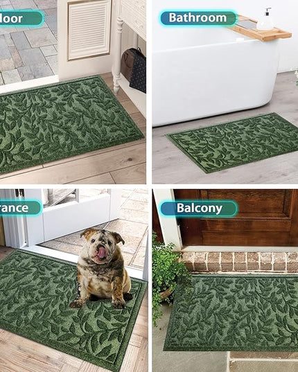 Bulijojo Sturdy Frontr Entrance Doormats,Durable Heavy Duty Welcome Mat,Thick Absorbent Natural Rubber Non Slip Mat,Easy Clean Entryway Mat Leaves Green 23"x35"