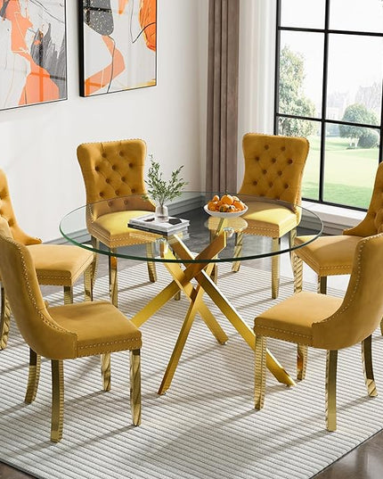 Round Glass Dining Table Set for 6, 47'' Clear Circular Kitchen Table and Chairs Set, 7PCS Modern Circle Dining Room Table Set with 6 Velvet Dining Chair for Home