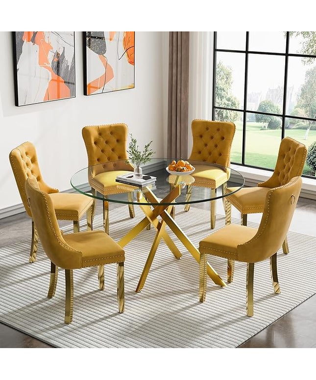 Round Glass Dining Table Set for 6, 47'' Clear Circular Kitchen Table and Chairs Set, 7PCS Modern Circle Dining Room Table Set with 6 Velvet Dining Chair for Home