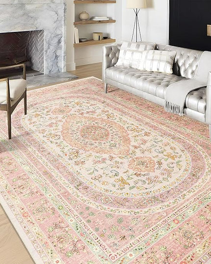 6x9 Area Rugs Washable,Pink Rug for Living Room Bedroom Kitchen,Large Boho Vintage Bohemian Distressed Farmhouse Carpet Non Slip,Blush Floral
