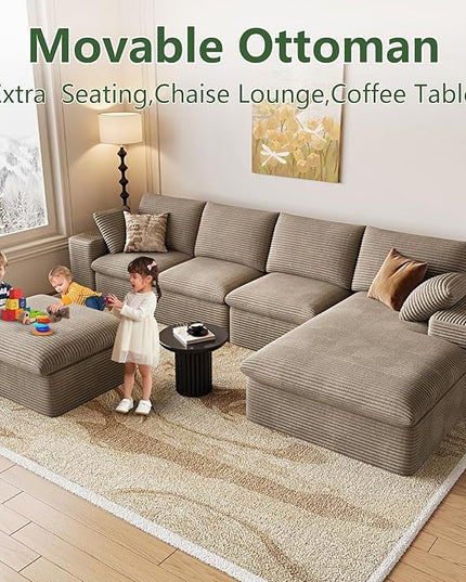 136" W Cloud Couch Modular Sectional Sofa for Living Room, U-Shape Boneless Couch with Deep Seat, Modern Corduroy 4-Seater with Ottoman, No Assembly Required (Camel,Right-Facing Chaise)