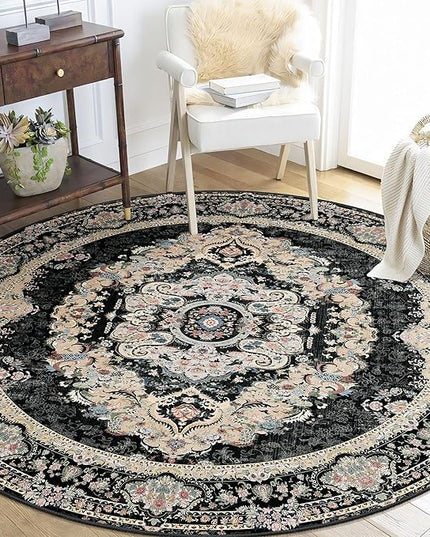 Black Round Rug 5ft, Circle Boho Area Rugs for Bedroom Living Room,Washable Vintage Bohemian Distressed Oriental Carpet Non Slip,Floral