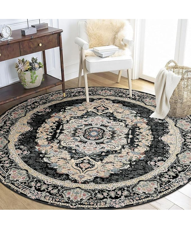 Black Round Rug 5ft, Circle Boho Area Rugs for Bedroom Living Room,Washable Vintage Bohemian Distressed Oriental Carpet Non Slip,Floral