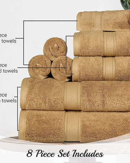 Superior Egyptian Cotton Pile 8 Piece Towel Set, Includes 2 Bath, 2 Hand, 4 Face Towels/Washcloths, Ultra Soft Luxury Towels, Thick Plush Essentials, Guest Bath, Spa, Hotel Bathroom, Toast