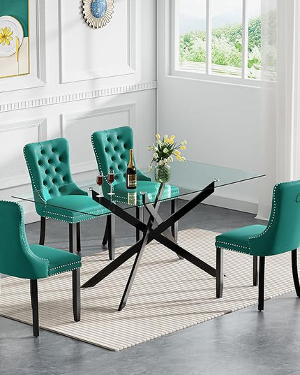 Modern 5-Piece Glass Dining Table Set for 4, Modern 60" Rectangle Black Glass Dining Room Table Set with Green Velvet Tufted Chairs Wood Legs for Kitchen Dining Room
