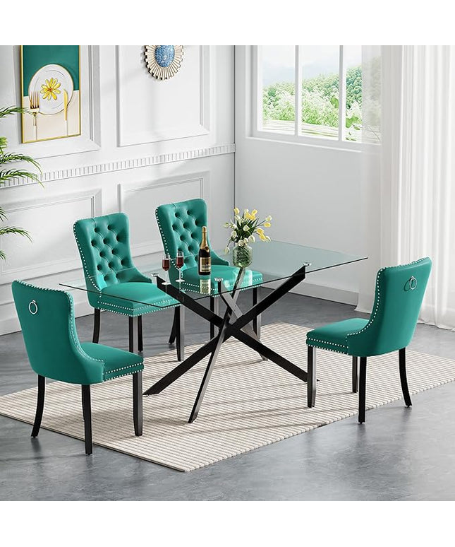 Modern 5-Piece Glass Dining Table Set for 4, Modern 60" Rectangle Black Glass Dining Room Table Set with Green Velvet Tufted Chairs Wood Legs for Kitchen Dining Room