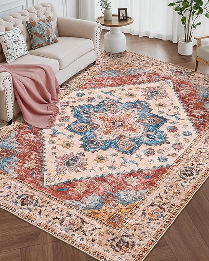 Ciicool 4x6 Rug, Washable Area Rug Boho Rugs for Living Room Non-Slip Indoor Rugs Low-Pile Mat Floor Carpet Vintage Rug for Bedroom Dinning Office Foyer Decor