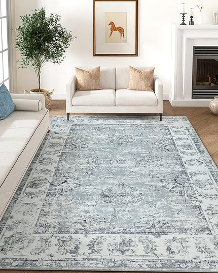 jinchan Fiora Washable Area Rug 8x10 for Living Room Soft Faux Wool Ultra-Thin Stain Resistant Non-Slip Distressed Vintage Floral Large Carpet for Bedroom Dining Room Home Office Nursery(Grey, 8'x10')