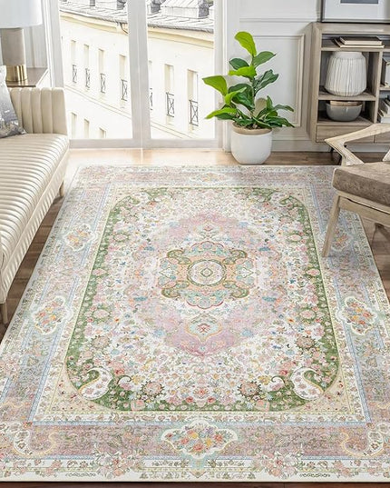 5x7 Area Rugs Washable,Pink Rug for Living Room Bedroom Kitchen,Large Boho Vintage Bohemian Distressed Carpet Non Slip,Blush Green
