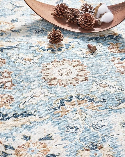 jinchan Round Rug 6ft Area Rug - Washable Boho Vintage Floral Circle 6' Round Floor Cover Lightweight Low Pile Thin Throw Non-Slip Carpet for Kitchen Living Room Bedroom Dining Room Office Light Blue