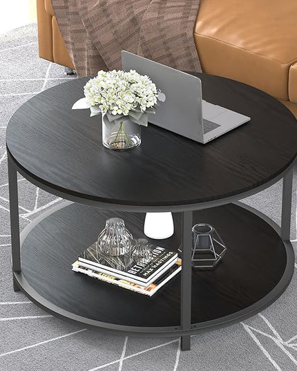 NSdirect Round Coffee Table, 25.6" Small Coffee Table for Living Room,2-Tier Rustic Wood Desktop with Storage Shelf Modern Design Home Furniture(Brown)