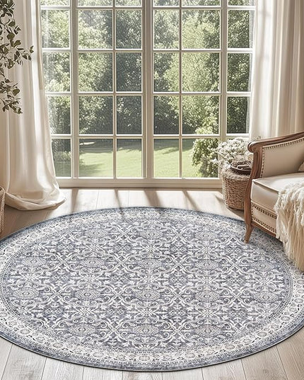 jinchan Round Rug 5ft Washable Circle Soft Rug - Low Pile Vintage 5'Round Indoor Grey Floral Print Stain Resistant Boho Carpet Ultra-Thin Non-Slip for Entryway Nursery Bedroom Dining Room Kitchen