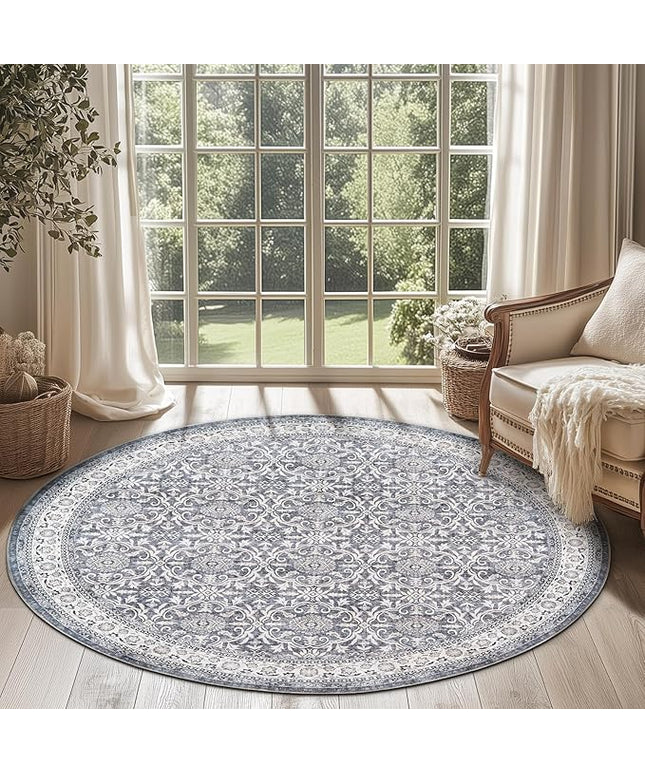 jinchan Round Rug 6ft Washable Circle Soft Rug - Low Pile Vintage 6'Round Indoor Grey Floral Print Stain Resistant Boho Carpet Ultra-Thin Non-Slip for Living Room Nursery Bedroom Dining Room Kitchen