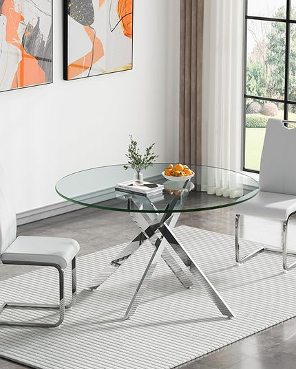 HomVent 3 Piece Round Glass Dining Table Set, Round Glass Kitchen Table Set for 2 with 2 PU Upholstered Dining Chairs for Kitchen Dining Room