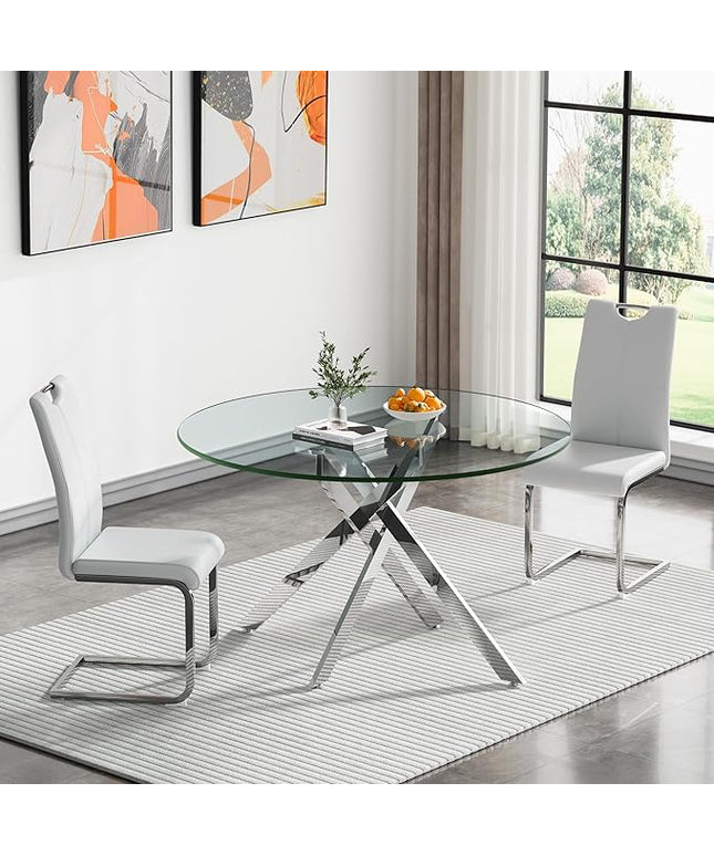 HomVent 3 Piece Round Glass Dining Table Set, Round Glass Kitchen Table Set for 2 with 2 PU Upholstered Dining Chairs for Kitchen Dining Room