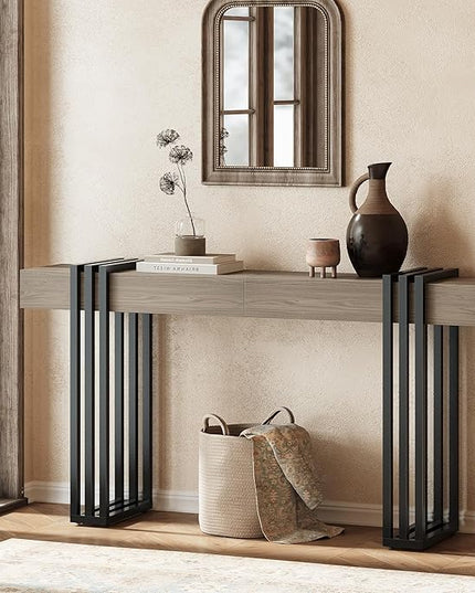 63" Long Console Table for Entryway - Behind Couch Table for Living Room, Wood Sofa Tables with Black Parallel Metal Frame & Power Outlet for Hallway, Entrance, Narrow Foyer, Light Walnut