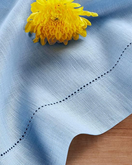 Solino Home Linen Cloth Placemats Set of 4-100% Pure Linen Hemstitch Cornflower Blue Placemats 14 x 19 Inch - Classic Hemstitch Table Place Mats for Christmas, Holiday, New Year