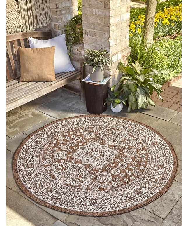 Rugs.com Outdoor Aztec Collection Rug – 13 Ft Round Brown Flatweave-Pile Rug Perfect for Kitchens, Dining Rooms