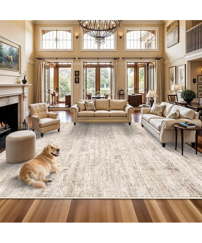 Washable 12x18 Area Rug - Extra Large Rugs for Living Room Soft Low Pile Carpet for Bedroom Non-Slip Stain Resistant Vintage Indoor Floor Carpets (Beige Brown, 12x18)