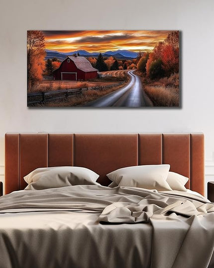 JuhaiArt Fall Wall Decor Red Barn Landscape Wall Art Natural Picture Sunset Scenery Canvas Decor for Living Room Bedroom Rustic Poster 24" x 48"