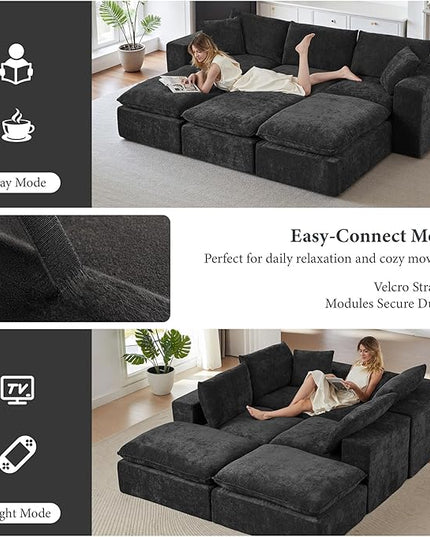 108" Sectional Couches for Living Room Boneless Couch Upholstered Cloud Couch Sectional Modular Sectional Sofa with L Shaped (Chenille-Black, 4 Seat+2 Ottoman)