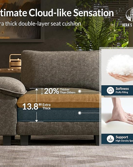 HERA'S HOUSE 124" Modular Sectional Sofa, Oversized Couches for Living Room, Comfy Cloud Couch 3-Seater Deep Seat Sofa with Throw Pillow, Chenille Ash