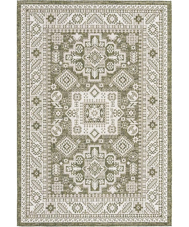 Rugs.com Outdoor Aztec Collection Rug – 6' x 9' Green Flatweave Rug Perfect for Living Rooms, Large Dining Rooms, Open Floorplans