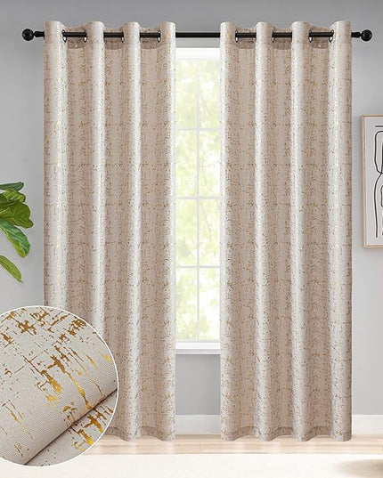 Taisier Home Gold Foil Print Linen Textured Curtains - Geometric Dots Pattern Design for Bedroom & Living Room - Thermal Insulated Window Treatment, 2 Panels, 84" L, Beige & Gold